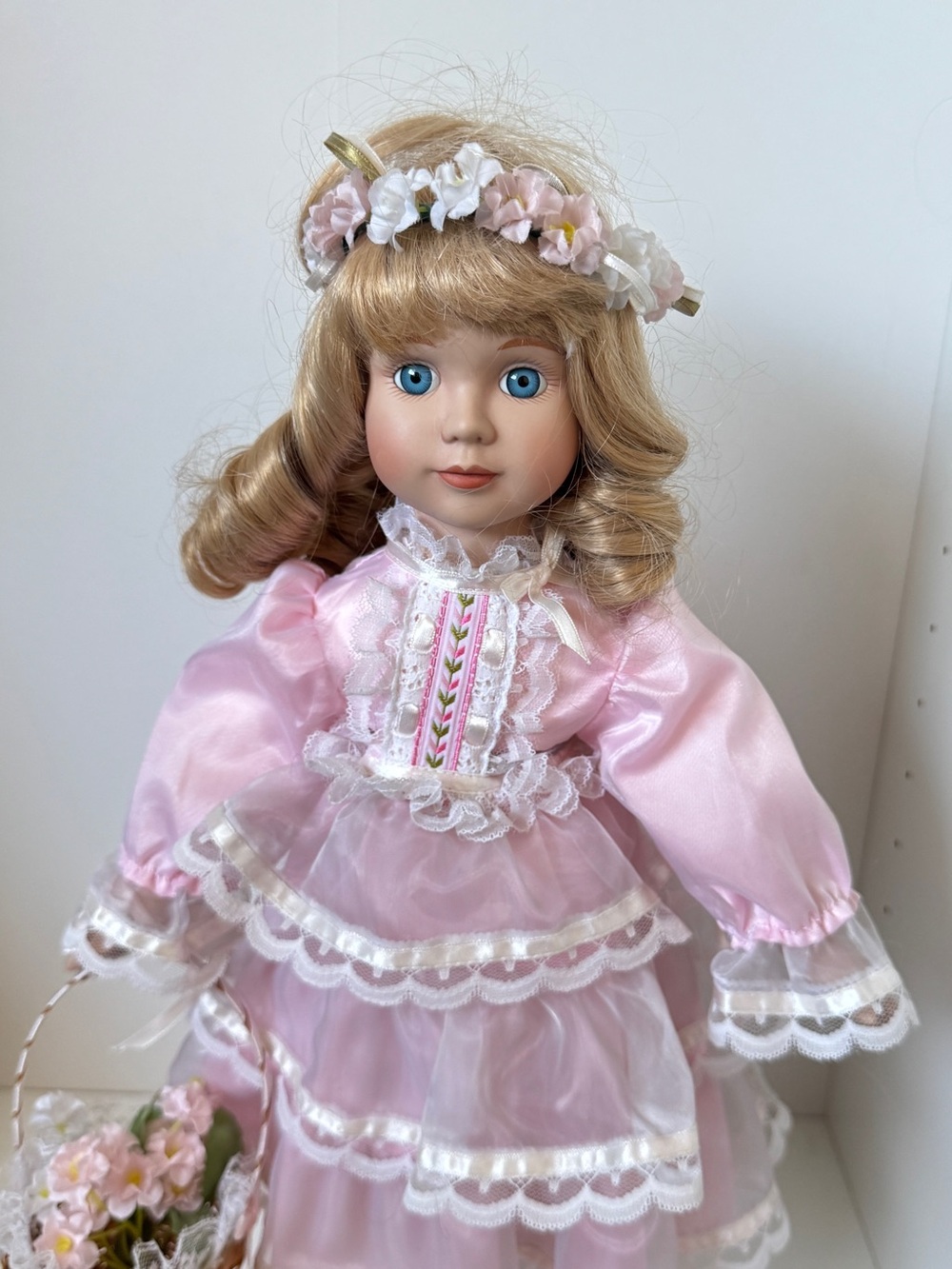 Pink Porcelain Collector Doll with Floral Headband